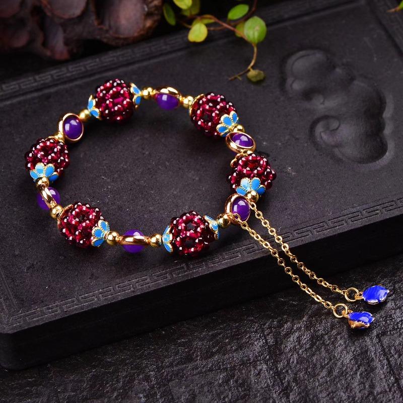 Natural garnet bracelet, multi-circle fashion pomegranate jewelry, garnet grape tourmaline woven exquisite ball