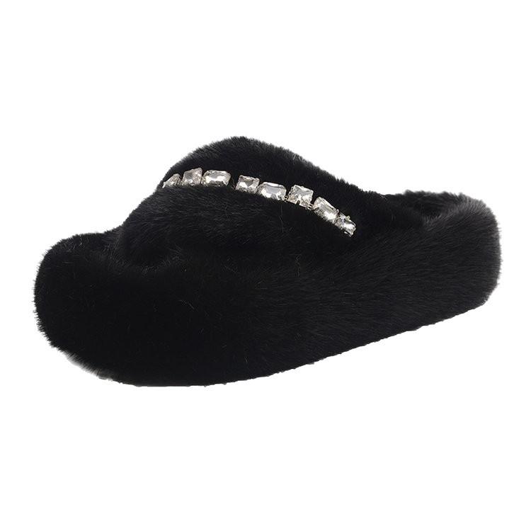 Internet Celebrity Drill Cross Fluffy Slippers Women Wear 2025 Autumn New Versatile Thick Bottom Plush Cotton Slippers Women Trend