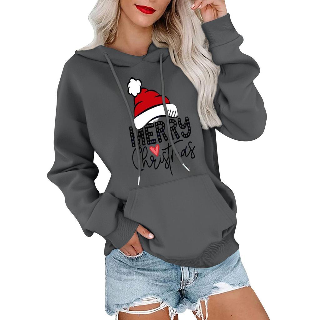 Women's Casual Comfortable Neck Hooded Long Sleeve Christmas Print Warm Sweatshirt