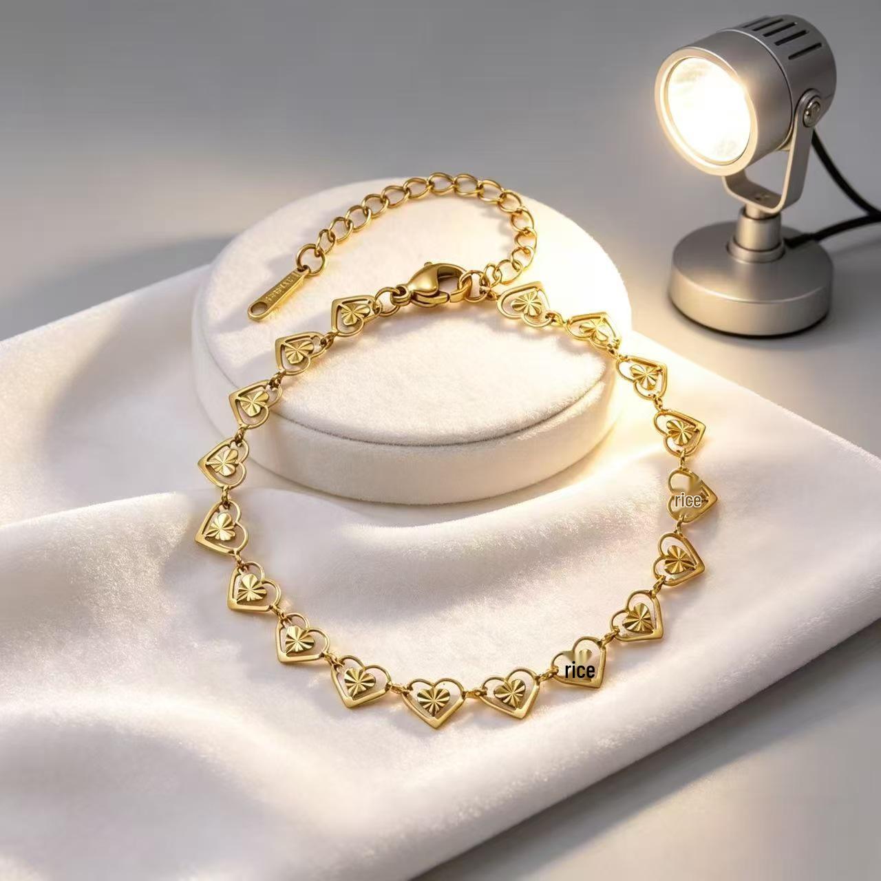 Gold Retro Heart Chain Necklace  Bracelet Set – Titanium Steel Jewelry for Women