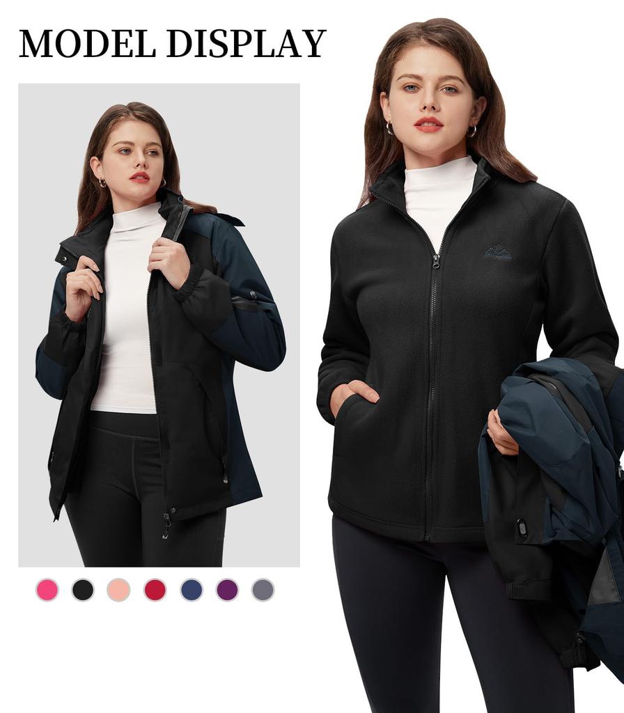 Gopune Women's Outdoor Jacket, Fleece-Lined 3-in-1 Mountain Parka, Windbreaker Hiking Coat, Detachable Liner, Spring Autumn Winter, Black L