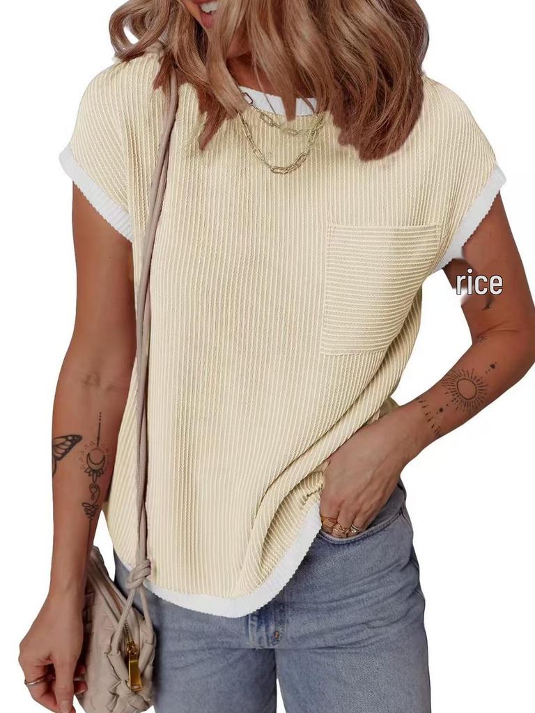 Women's Ribbed Knit Short-Sleeve T-Shirt - Casual Spring/Summer Top