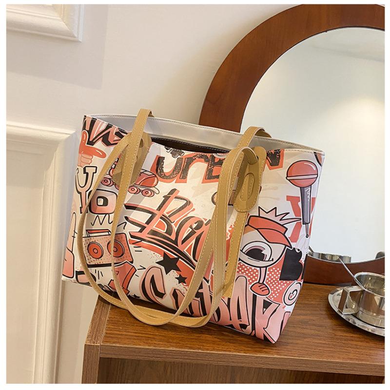 Cute Graffiti Print Tote Bag for Women Fashion Large Capacity Shoulder Handbag KTB