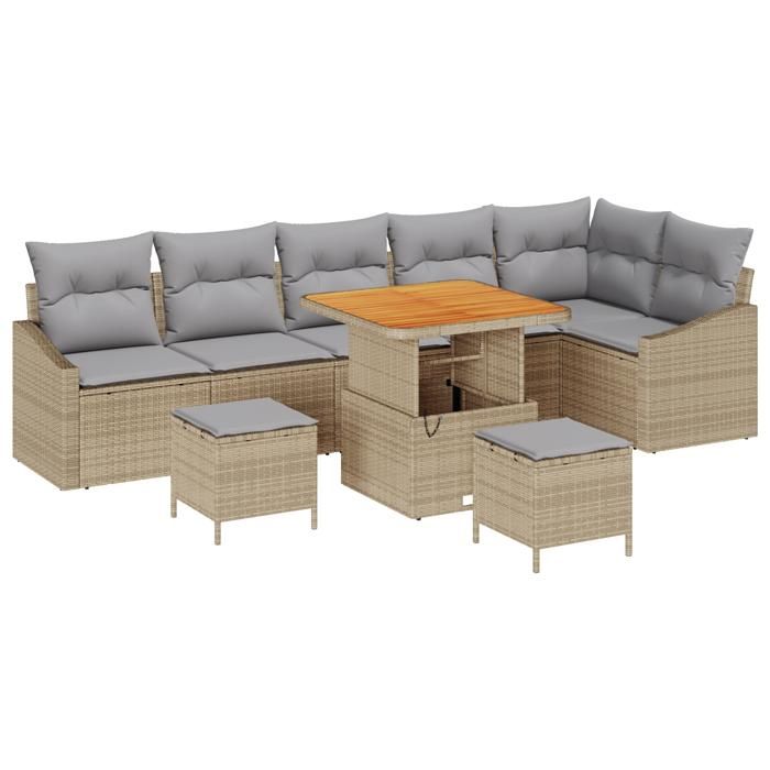 Ensemble de sofa de jardin 9 pièces avec coussins beige en Poly Rattan et acacia, Sofa de jardin 2 places avec coussins 3362672
