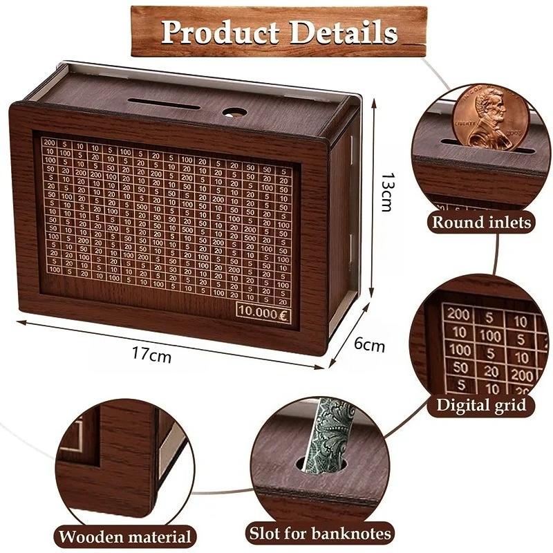 Wooden Piggy Bank Reusable Handmade Money Box, Piggy Bank with Saving Goal and Numbers To Check for Helps The Habit of Saving