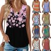 Women's Fashion Sleeveless V-Neck Pleated Floral Striped Loose Summer Top