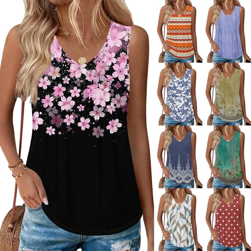 Damen Ärmelloses V-Ausschnitt Lockerer Sitz Vintage Blumenstreifen Plissiert Sommer Leicht Fließendes Tanktop Bluse Hemd