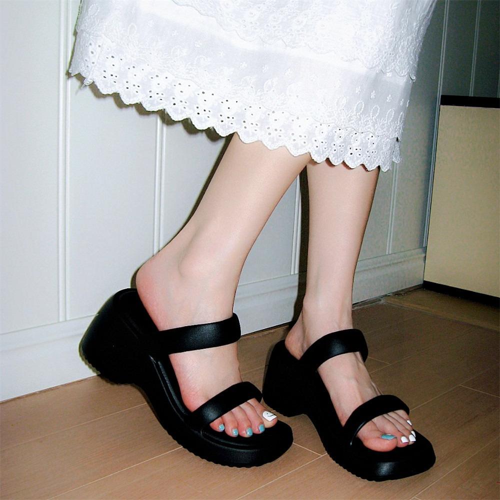 

Fashion High-Heeled Faionable Double Strap Sandals Slip-On EVA Anti-Slip Increased Height Slippers for Women Casual Daily Wear 35-36 чёрный