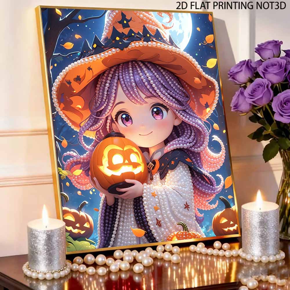 DIY Pearl Painting Canvas Witch Halloween Design Frameless 3D Bead Art Relaxing Craft for Living Room Decor