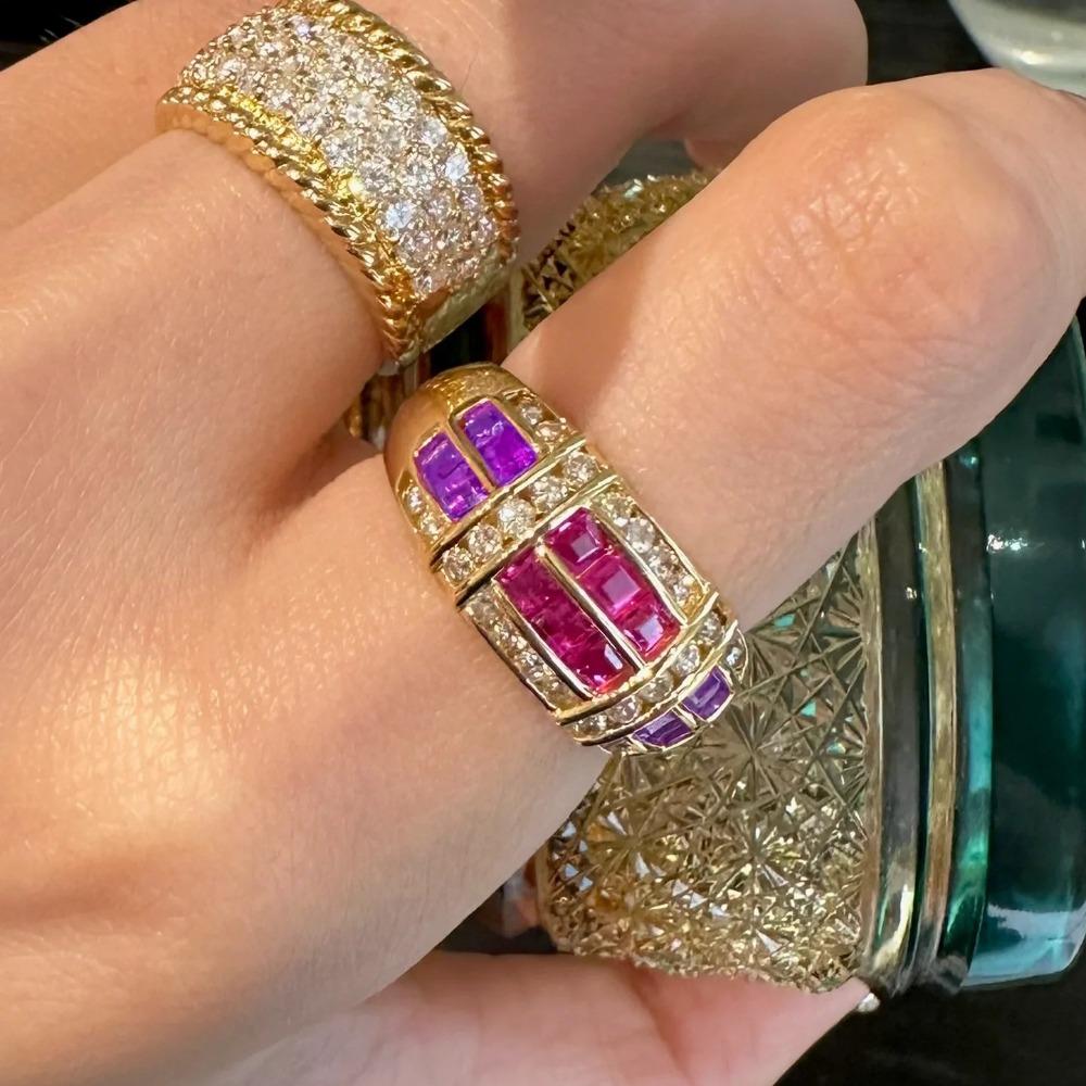 Vintage Open Ring Classic Two Tone Jewelry with Red Ruby and Purple Diamond for Women
