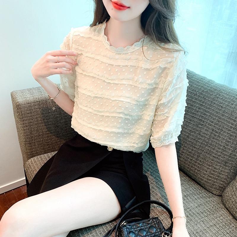 Solid Puff Sleeve Ruffled Lace Shirt Woman Round Neck Elegant Chiffon Blouse Women Slim Fit Sweet Casual Blouses Lady Tops 24191