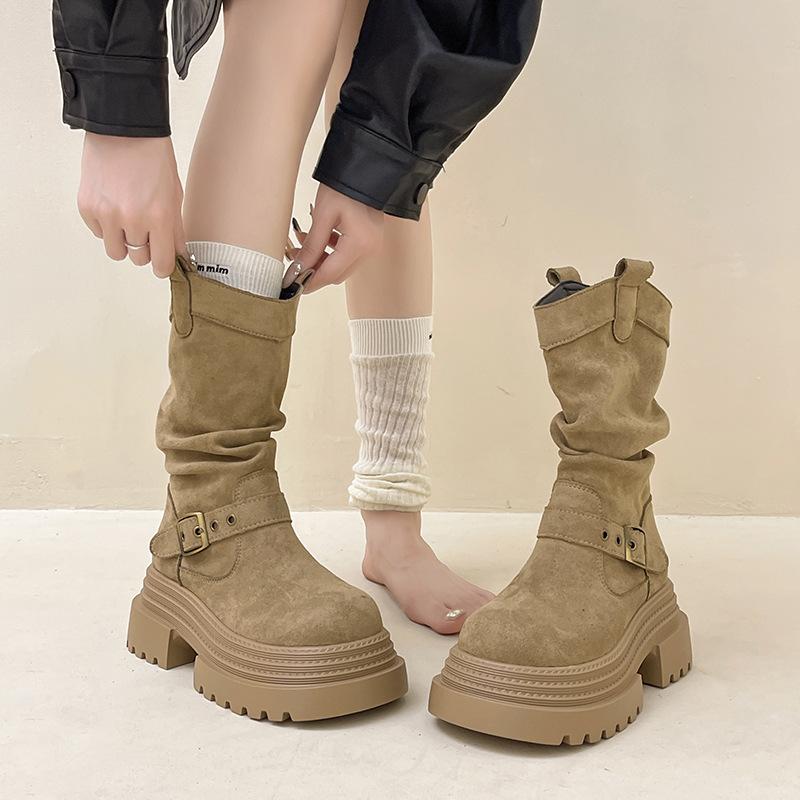 Korean version suede short boots autumn and winter retro versatile warm pile boots women's fashion boots thick-soled belt buckle knight boots