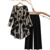 Abstract Polka Dot Short Sleeve Top and Wide Leg Pants Two Piece Set in Gray & Black