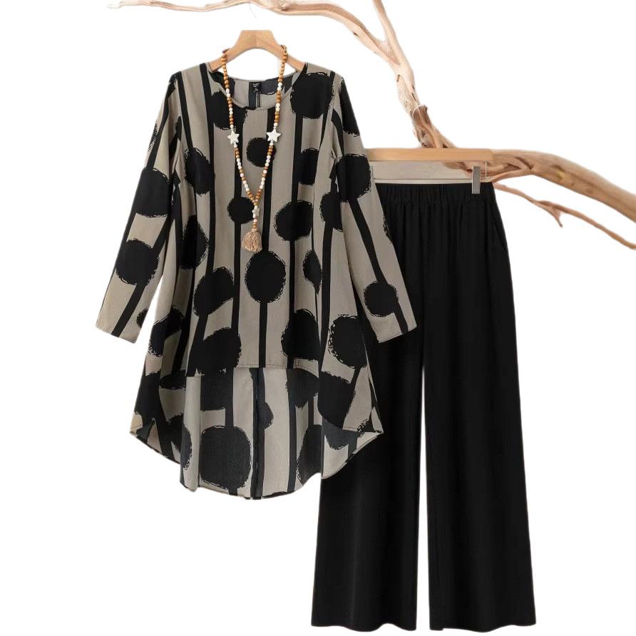 Abstract Polka Dot Short Sleeve Top and Wide Leg Pants Two Piece Set in Gray & Black