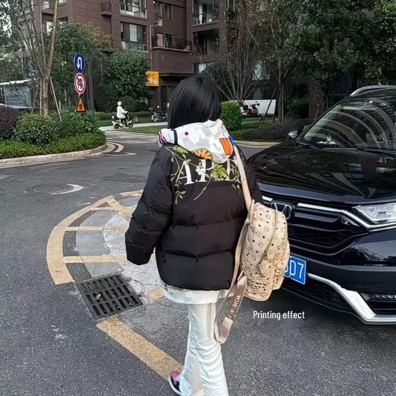 

Trendy American Floral Letter Winter Jacket: Unisex, Thick Cotton, Warm & Loose Fit M