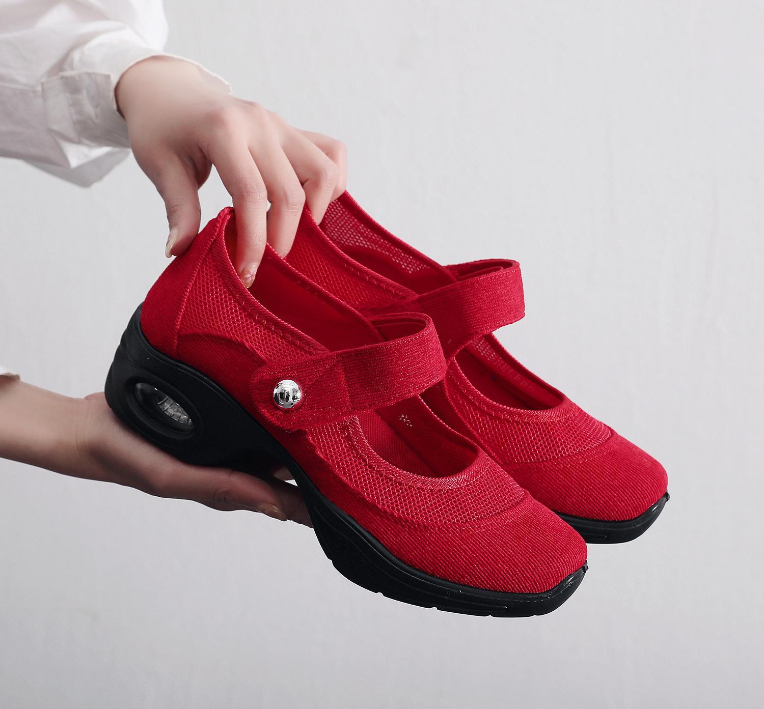 

Spring and summer new cloth shoes square dancing shoes mesh women s medium and high heels soft sole non-slip air cushion breathable single shoes 35