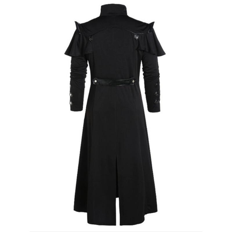 Vintage Halloween middeleeuwse Steampunk Assassin Elfen piraat kostuum volwassen mannen zwarte lange split jas gotische pantser lederen jassen