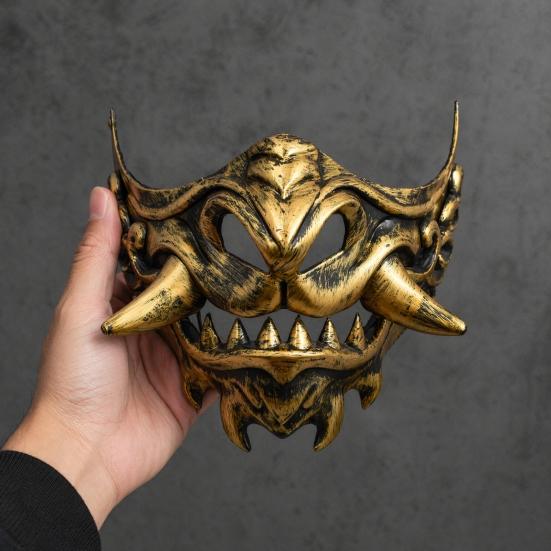 Halloween Cosplay Costume Mask Japanese Hannya Red Half Mask, Wolf Teeth & Embossed Cloud Details, Breathable Lightweight Distressed Design