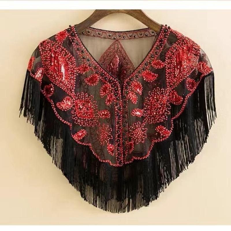 Women Sequined Shawl with Tassels Beaded Pearl Fringe Sheer Mesh Wraps Gatsby Flapper Bolero Cape Cover Up