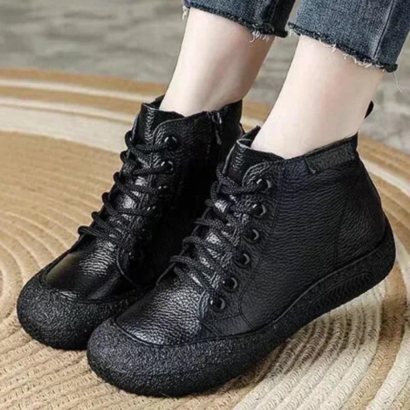New Cow Leather Ankle Boots Women's Laced Up Waterproof Shoes Ladies Wide Fit Short Boots Woman Oxfors Shoes Brown Booties