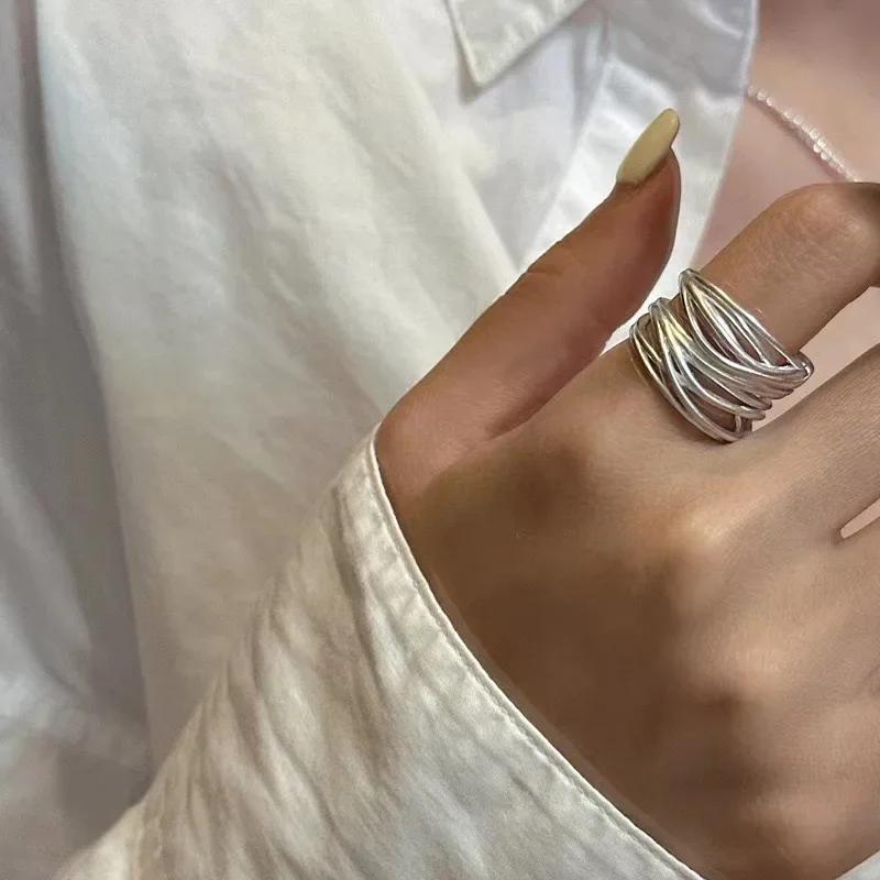 925 Silber Kreuz Linien Ringe Für Frauen Mode Handgemacht Geometrisch Unregelmäßig Breit Offen Ring Party Schmuck Feiertagsgeschenke