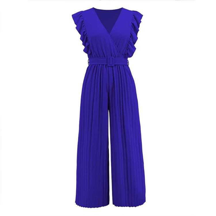 Women Slim High Waist Wide Leg Jumpsuit Sleeveless Ruffle V Neck Pleated Pants