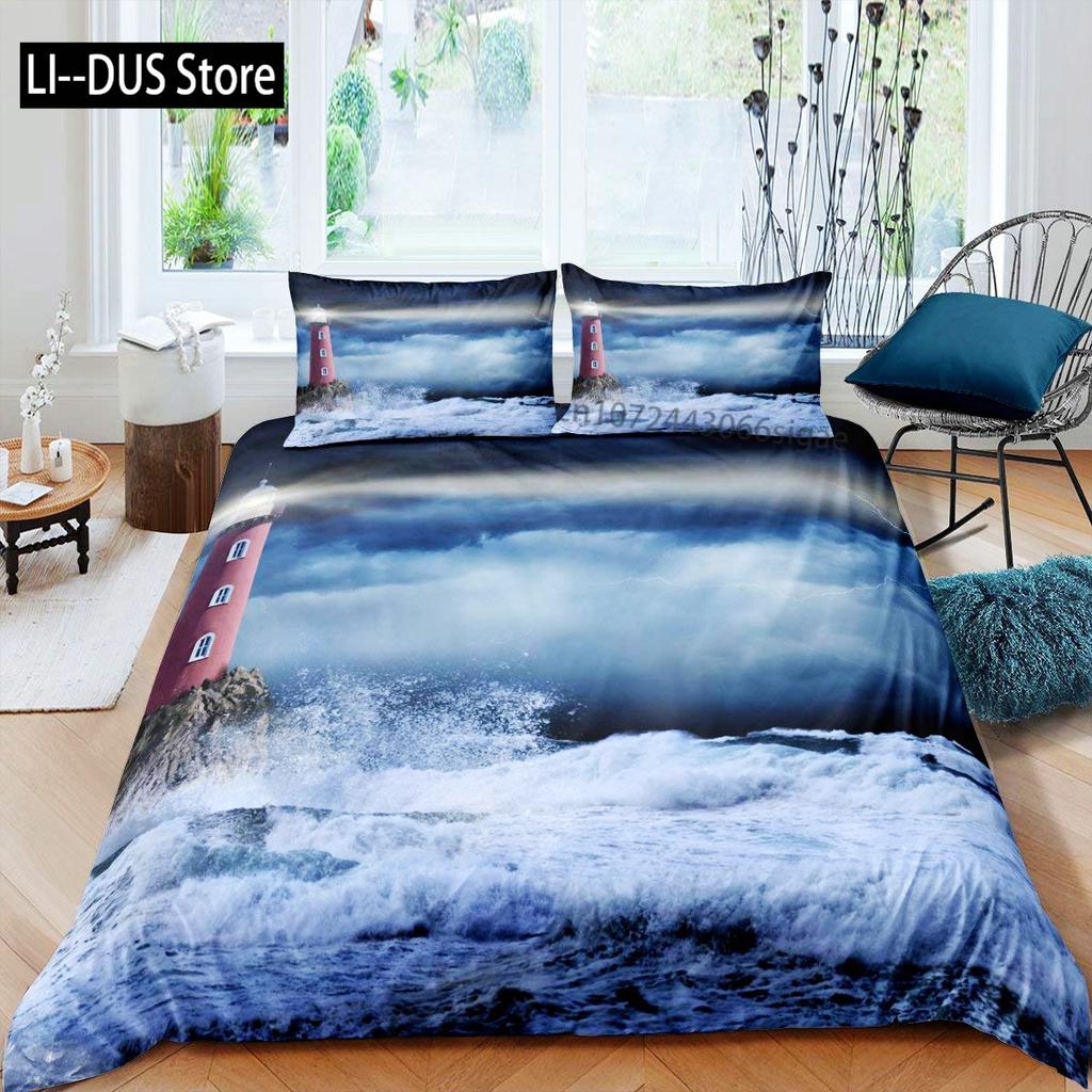 Lighthouse Duvet Cover Set Nautical Surfing Ocean Wave Bedding Set Queen Polyester Coastal Nature Theme Quilt Cover For Kids Boy