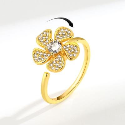Rotatable Flower Open Ring For Women Micro Paved Zircon Anti Anxiety Stress Relief Jewelry Adjustable Band