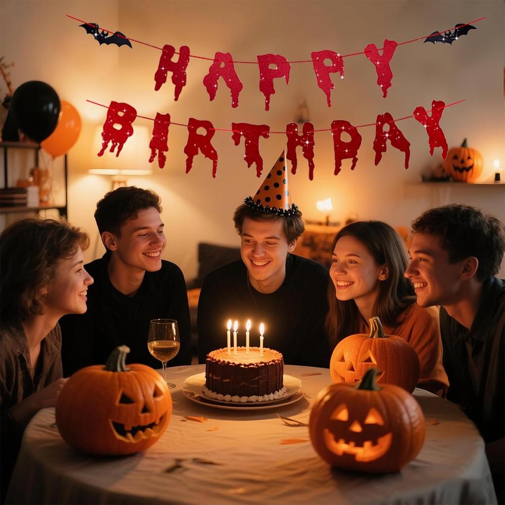 Happy Birthday Halloween Banner, Pre-Strung Glitter Spooky Halloween Party Decorations With Bat, Horror Birthday Decorations For Mantle Wall Mantel
