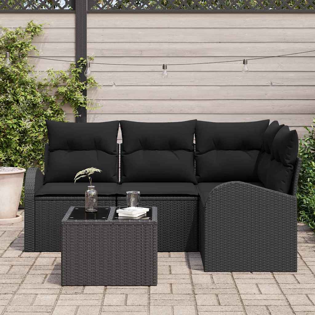 Garden Sofa Set with Cushions 5 pcs Black Poly Rattan