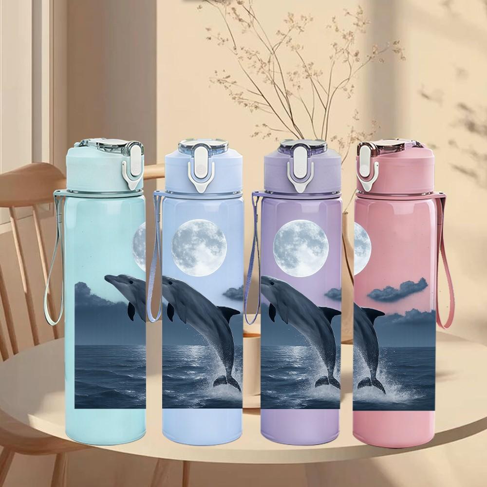 1PC Whale Jumping Ocean Wave Print 750ml Color Plastic Sports Water Bottle Leakproof Flip Straw Lid Suitable for Sports Office Home Use