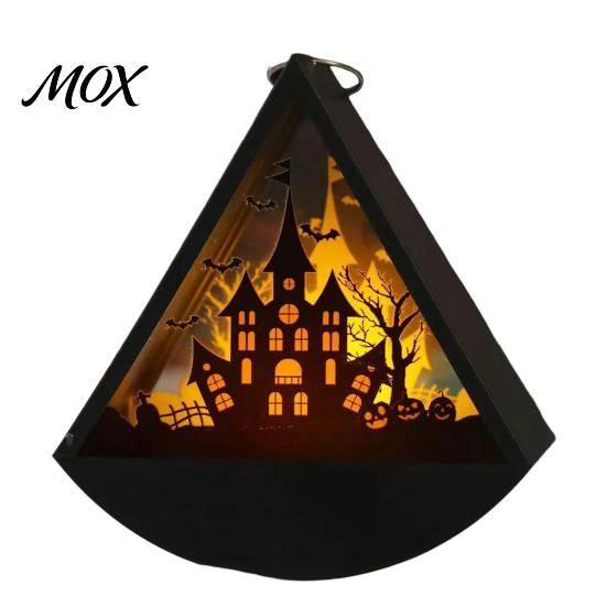 Halloween Gift for Kids Triangle LED Lantern, Tumbler Shape Night Light with Witch Ghost Paper Carving Silhouette Lights Pumpkin, Battery Operated