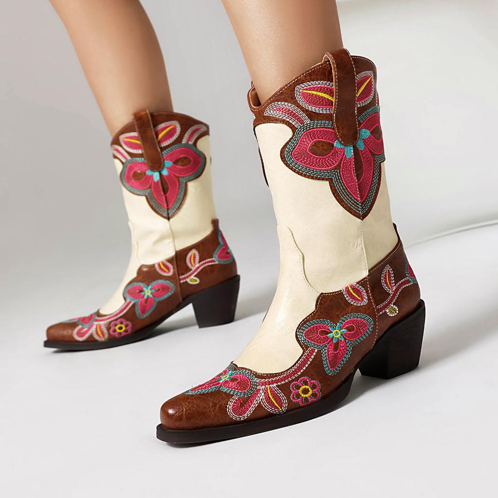 Embroidered Floral Cowboy Western Boots Women's Cowgirls Ankle Boots Comfy Chunky Med Heels Shoes 2024 Autumn Winter