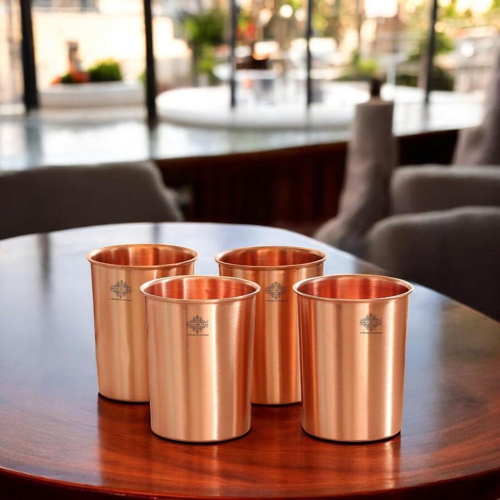 Pure Copper Plain Lacquer Coated Glass - Durable Ayurvedic Drinkware for Water, Health Benefits, Stylish Tableware for Home & Office, Set of 4