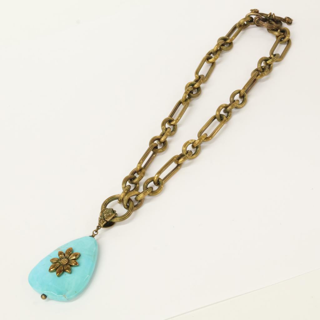 STEPHEN DWECK Flower Turquoise Drop Top Chain Necklace Gold/BlueUsed