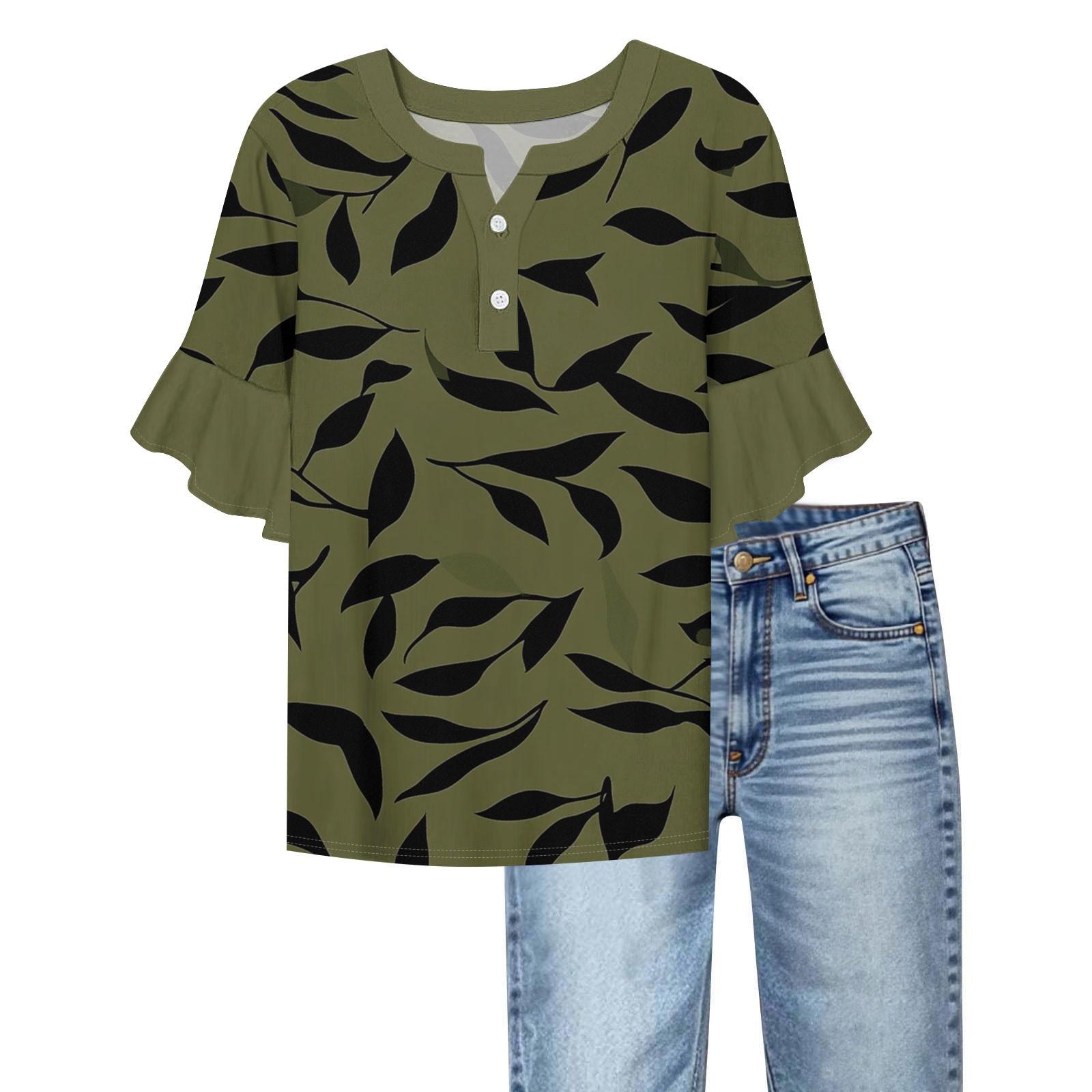 Women s Casual Fashion V-neck Ruffled Sleeves Loose Versatile Color Short Sleeves XL