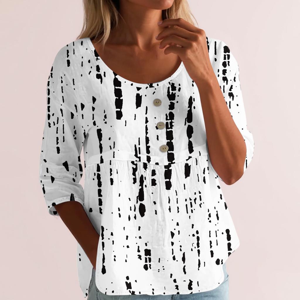 Dámská móda Ležérní tříčtvrteční rukáv Volný kulatý výstřih Knoflík Květinový potisk Top