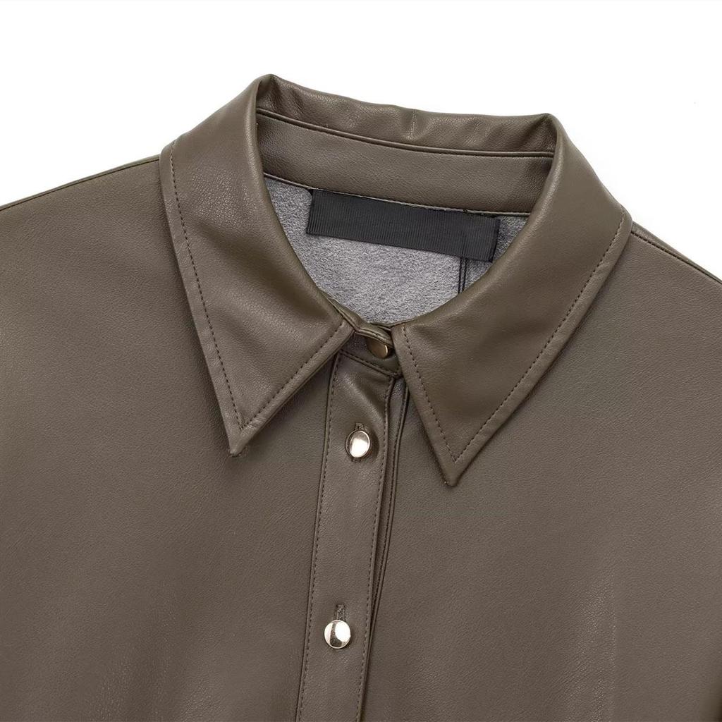 Spring 2025 Women's Slim Fit Faux Leather Belted Long Sleeve Dress