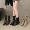 Thick heel square toe black boots women's shoes 2025 new fall and winter fleece brown skinny boots Korean small ankle boots
