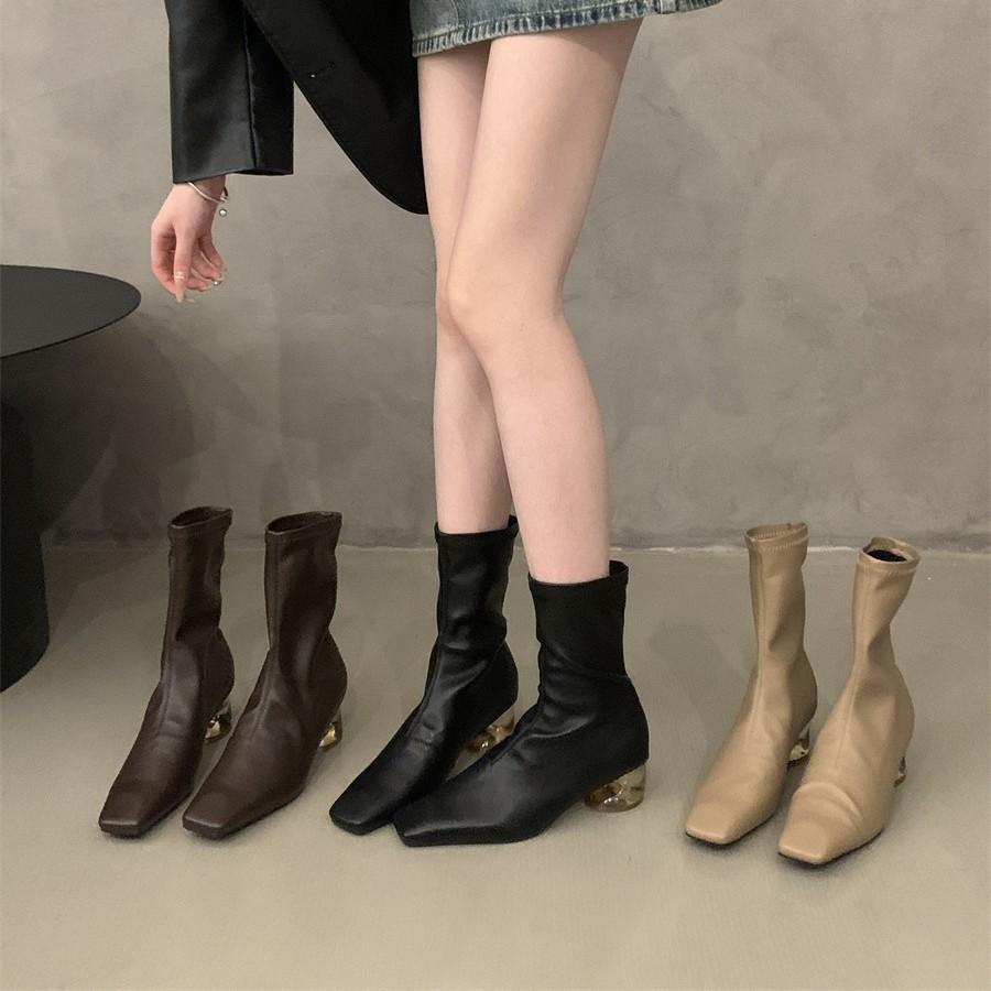Thick heel square toe black boots women's shoes 2025 new fall and winter fleece brown skinny boots Korean small ankle boots