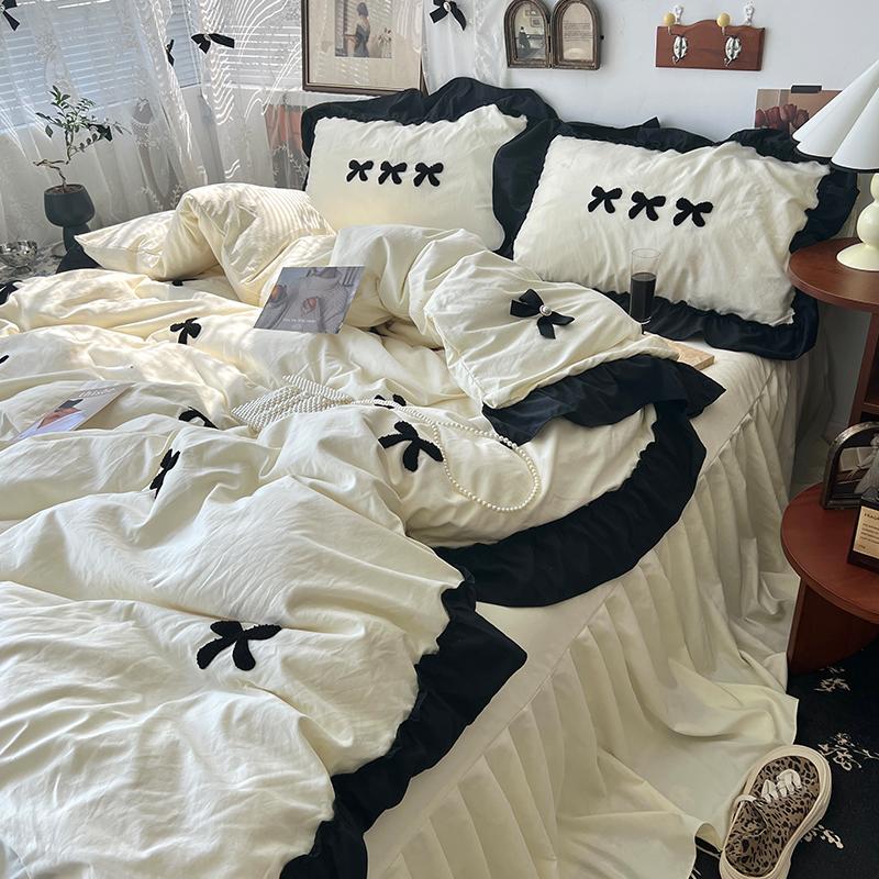 Korean Princess Style Kawaii Girl Black Bow Bedding Set Skin-friendly Soft Duvet Cover Set Bed Sheet Or Bed Skirt Pillowcases
