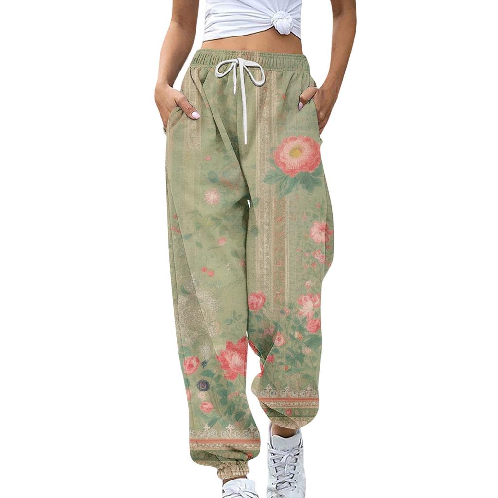 Women's Sports Pants With Pockets Fashion Floral Print Elastic Waist Pants Casual Sweatpants Pants