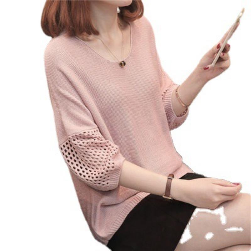 Knit Short Sleeve Top Women Mesh Lace Thin Student Spring Autumn Shirt Loose Mid Sleeve Cover Up