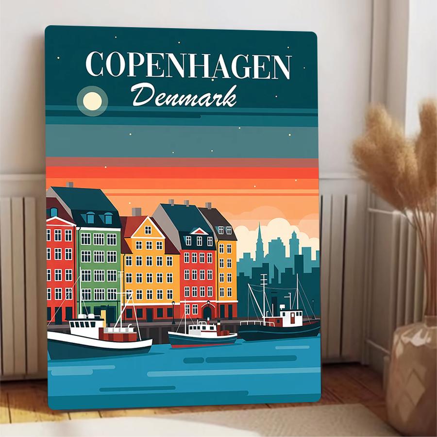 Copenhagen Denmark New Port Night View Metal Wall Art Nordic Style Cityscape Home Decor