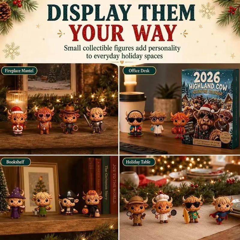 2026 Hochlandrind Adventskalender 24 Tage 3D Weihnachten Countdown Kalender Wiederverwendbar Niedlich Festival Ornamente Set Weihnachtsgeschenk