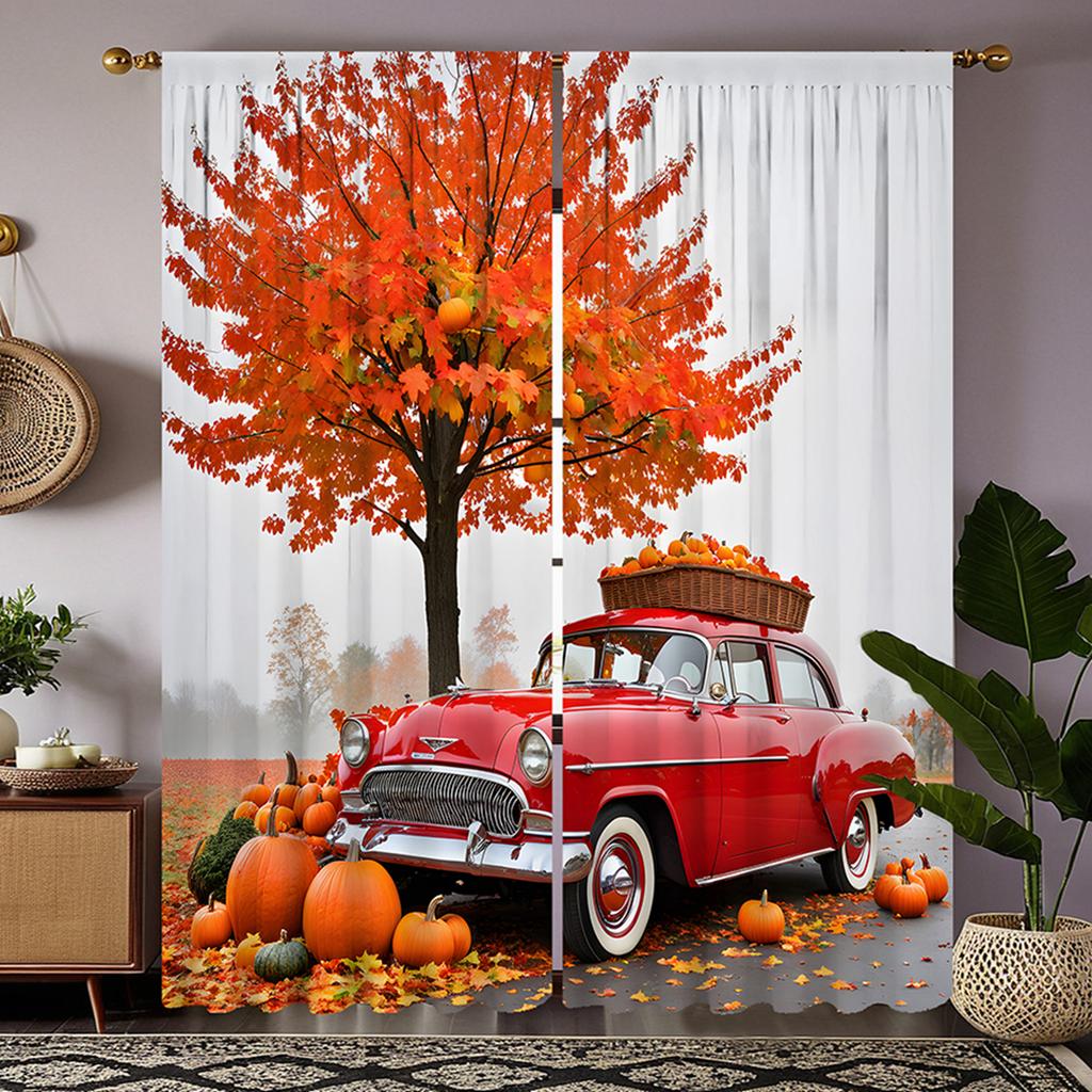 2pcs set HD Halloween Maple Leaf tree under the nostalgic classic car pumpkin decorative curtain Black tie digital printed cu