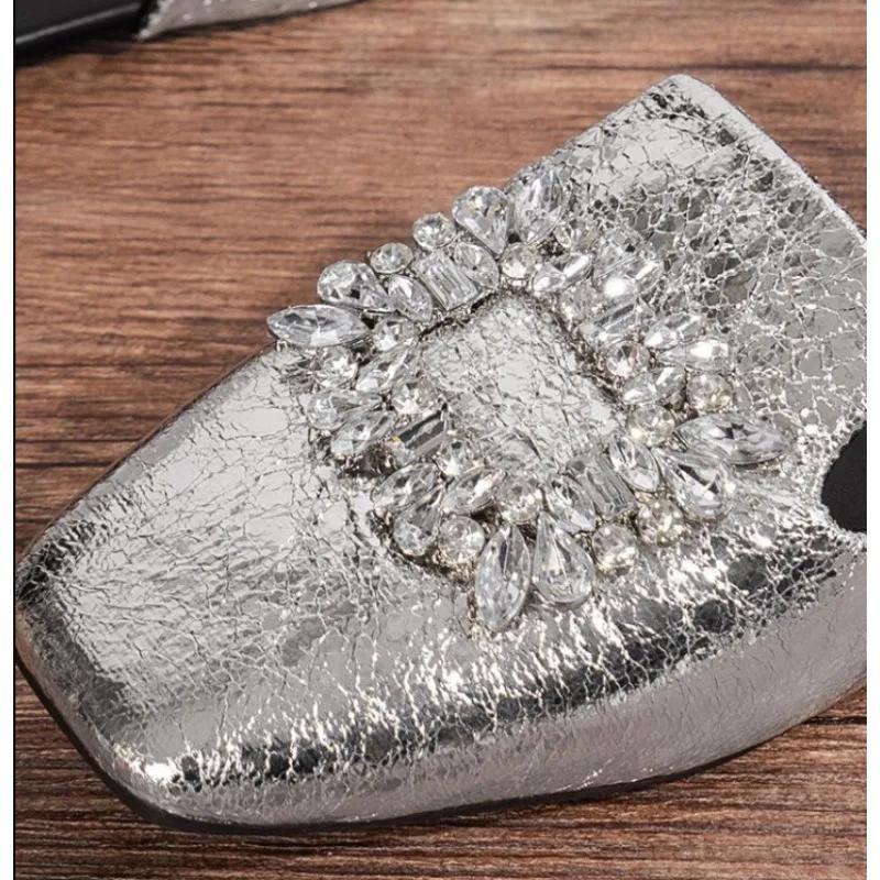 Silver Mules Women's Slippers 2025 Summer Fashion Crystal Slippers Ladies Outdoor Flip Flops Shoes Women Square Toe Flat Sandals