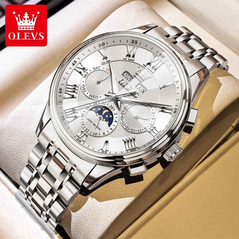 OLEVS 7113 Moon Phase Automatic Mechanical Men's Watches Fashion Rhombus Mirror Perpetual Calendar Luxury Business Man Watch New