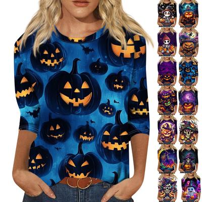 Women's Fashion Casual Three-quarter Sleeve Halloween Printed Round Neck Top