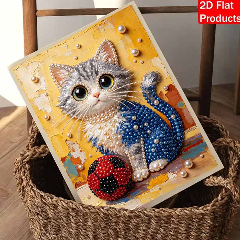 Pearl painting diy sticky diamond creative cute cat with ball diamond painting kit living room hanging painting